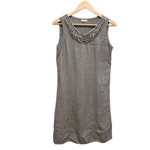 Lina Tomei Italy Taupe Neckline Beaded Detailing Linen Shift Dress Size S